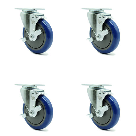 SERVICE CASTER 5 Inch Blue Polyurethane Wheel Swivel Top Plate Caster Set with Brake SCC SCC-20S514-PPUB-BLUE-TLB-TP3-4